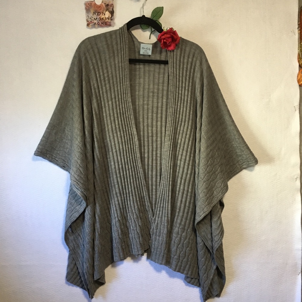 CAPE KATE LANDRY RIB CABLE KNIT GRAY SWEATER RUANA SHAWL WRAP CAPE CABINCORE O/S